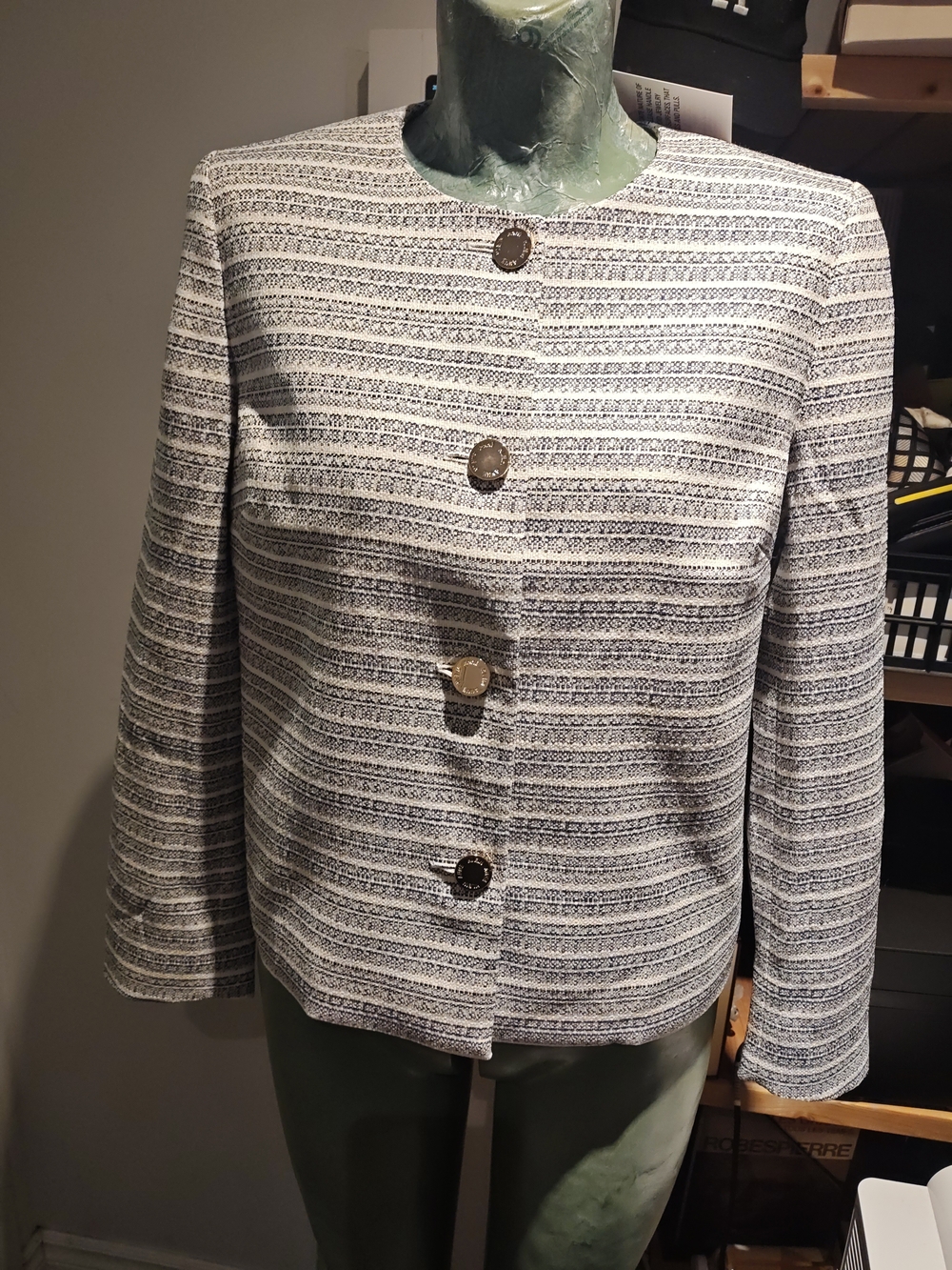 Anne Klein Navy and White Striped Boxy Button Jacket